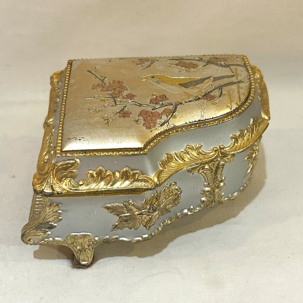 VTG Metal Sankyo Japan Piano Music Trinket Jewlry Box Bird Cherry Blossom Tested